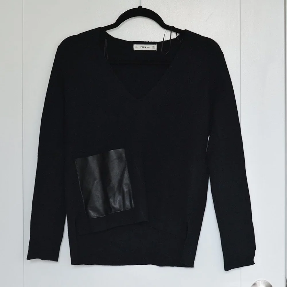 NWOT Zara Black Leather‎ Pocket Sweater - Picture 2 of 7